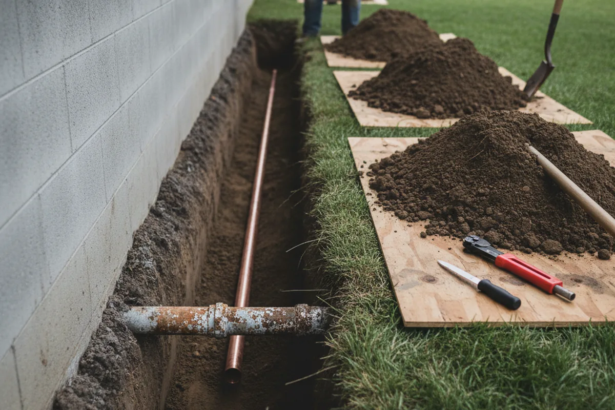 Excavated water line trench during Sewer Line Repair in Elkhorn